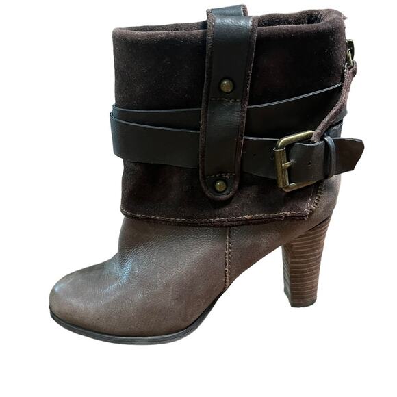 Nine West Brown Suede Leather Fold Over Buckle Heeled Boot Size 7 - Picture 4 of 8